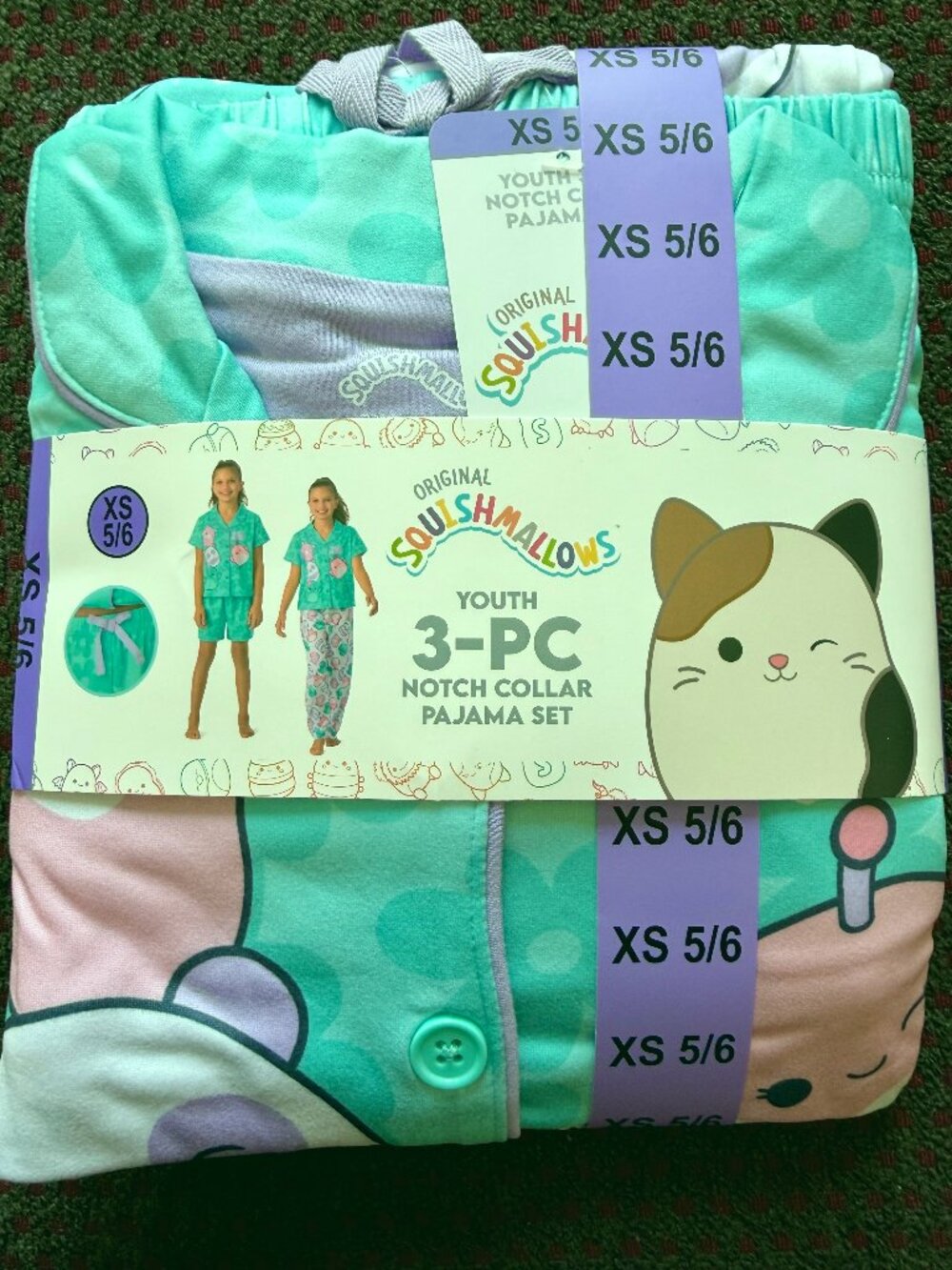 Squishmallows Girls 3-Piece Pajama Set Size XS 5/6 Purple NWT Flame Resistant